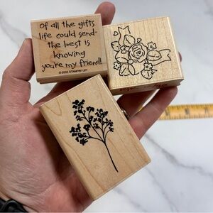 Lot of 3 Vintage Wood Mounted Rubber Stamps, Stampin’ Up Quote, Floral & Botanic